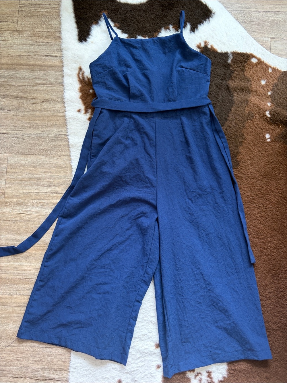 Navy Blue Wide-Leg Jumpsuit with Waist Tie